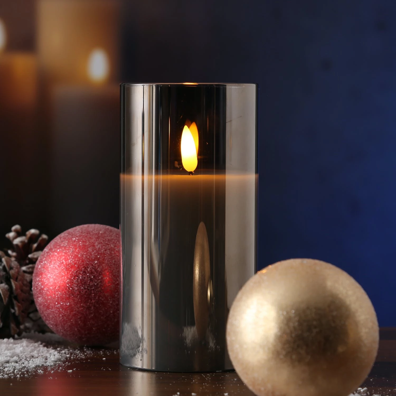 Null LED Kerze Windlicht Glas Echtwachs Flackernd Timer H: 15cm Rund Grau Anthrazit â Bild 6