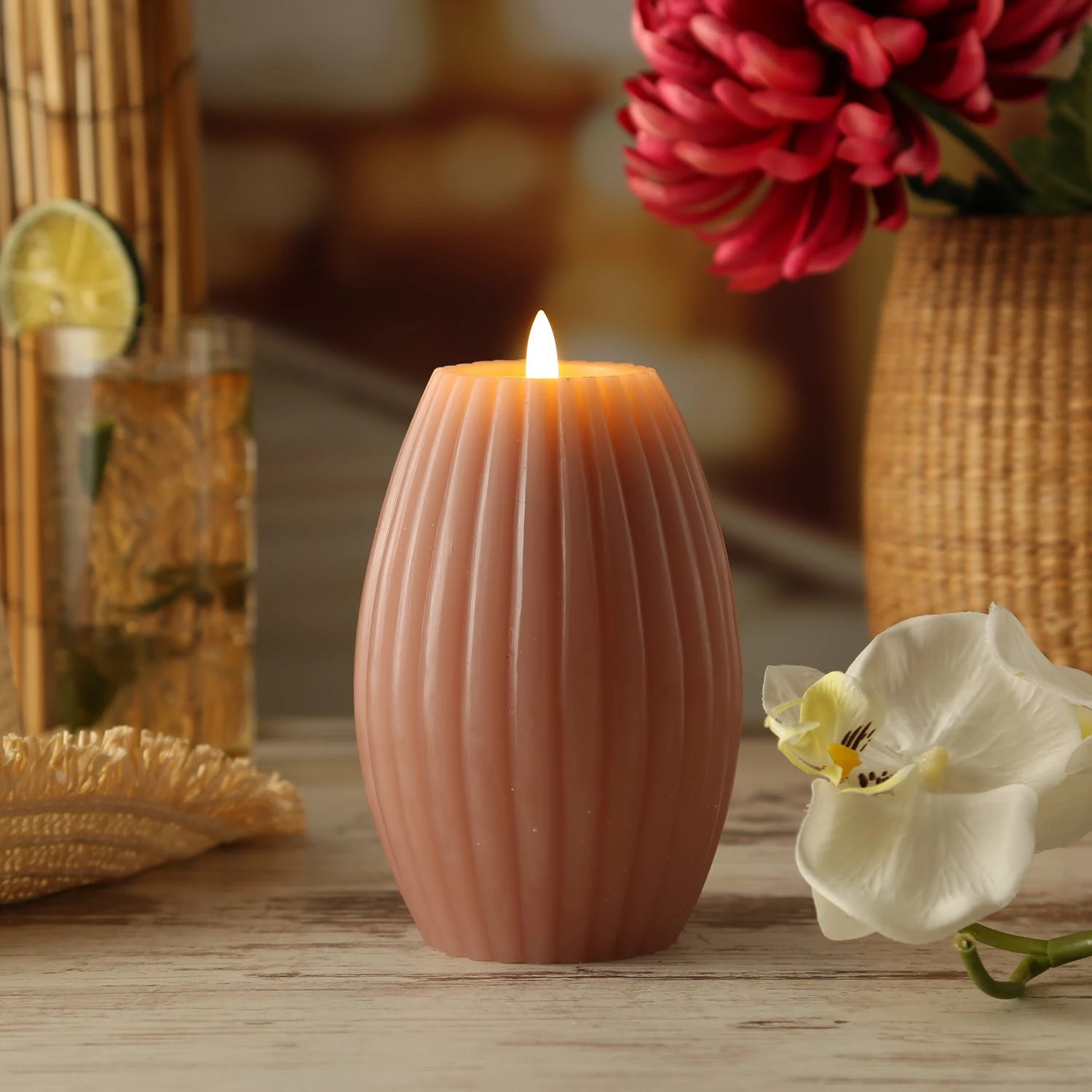 Null LED Kerze Liv Echtwachs Mit Rillen Gerillt Flackernde Flamme H: 17cm Timer Rosa – Bild 7