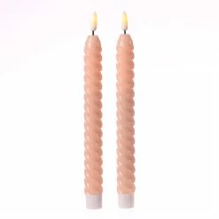 Null LED Stabkerzen Twist Tafelkerzen Gedreht Echtwachs Flackernd 25cm Timer Rosa 2St