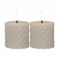 Null LED Stumpenkerze Swirl Echtwachs Gedreht 3D Flamme H:7,5cm Timer Beige 2er Set