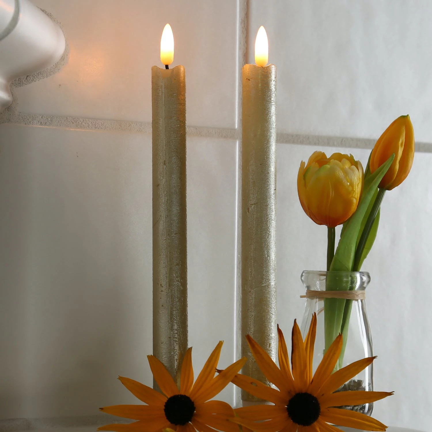 Null LED Stabkerzen Tafelkerzen 3D Flamme Echtwachs Flackernd H: 25cm Gold 2er Set â Bild 7