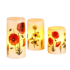Null 3er Set LED Kerzen Mit Fernbedienung Mohnblumen Timer Echtwachskerzen