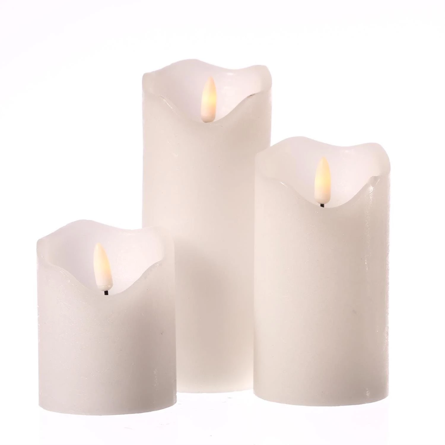 Null LED Kerzenset Rustik Optik Echtwachs Flackernde Flamme Timer Batterie Weiß 3St. – Bild 2