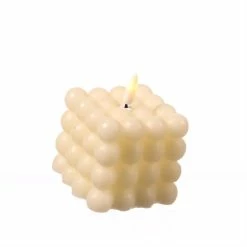 Null LED Kerze Bubble Würfel Cube Kerze Echtwachs 3D Flamme H: 9,5cm Timer Creme