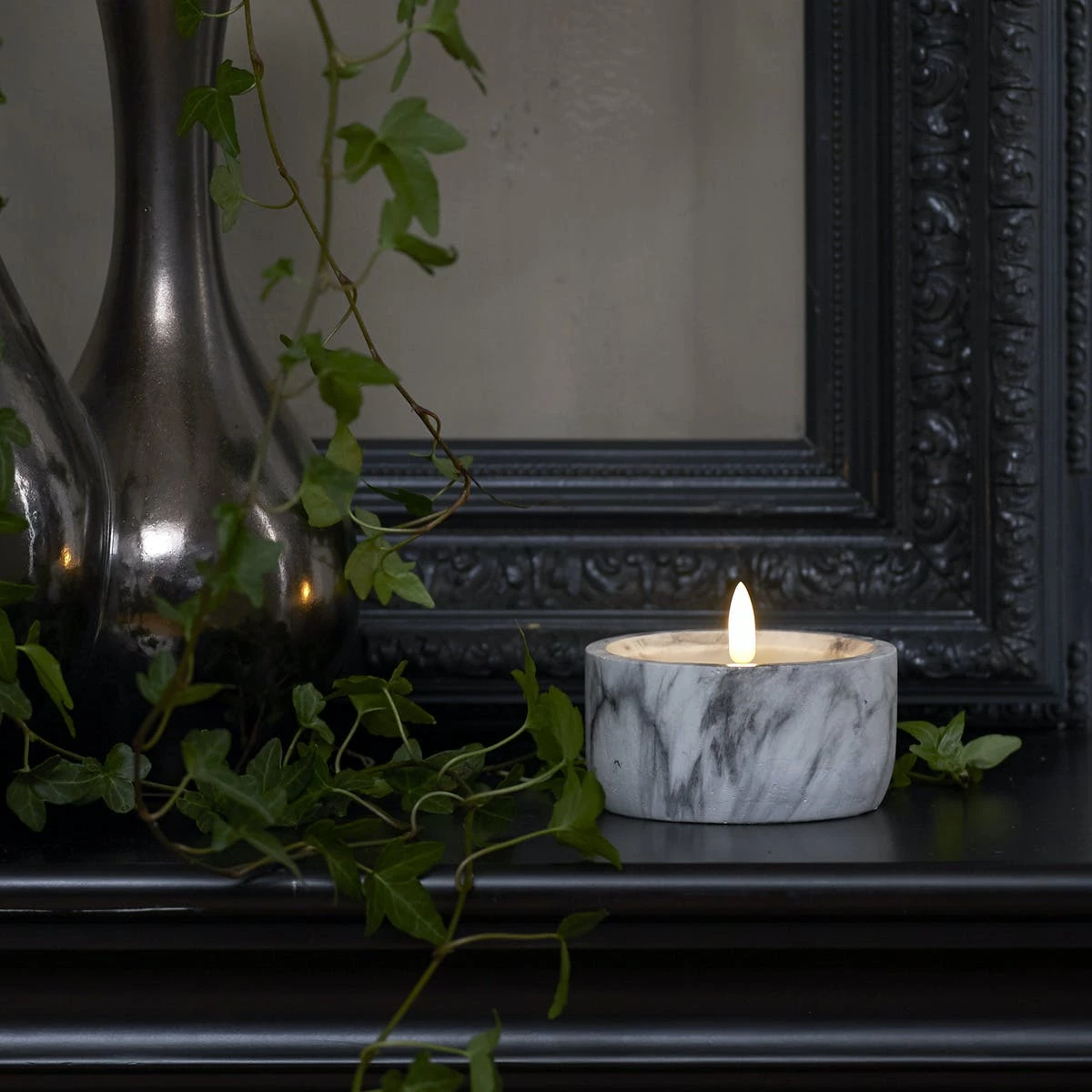 Null LED XXL Teelicht Marmoroptik Zement Wachs Realistische Flamme Timer D:10cm Grau â Bild 6