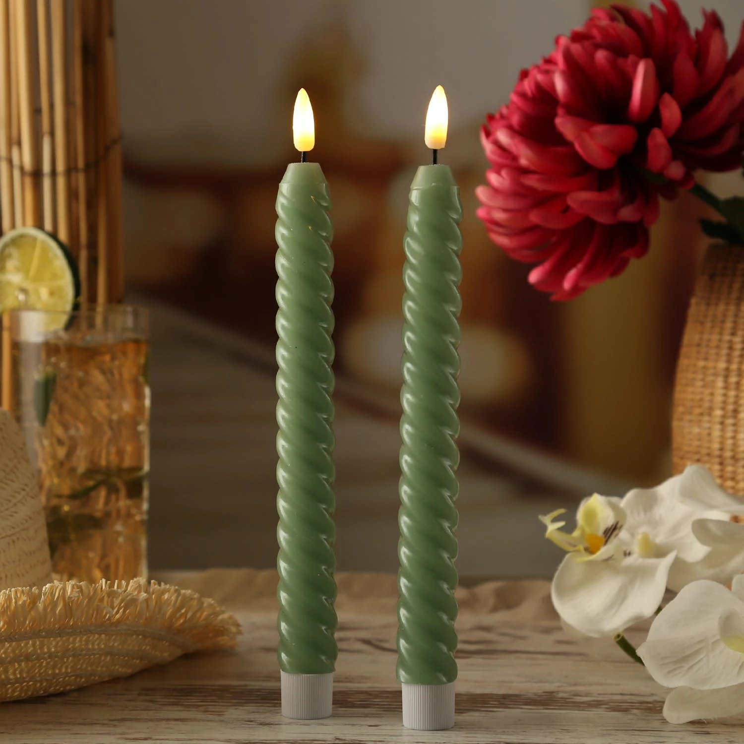 Null LED Stabkerzen Twist Tafelkerzen Gedreht Echtwachs Flackernd 25cm Timer Grün 2St – Bild 7