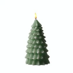 Null LED Kerze In Tannenbaum Form Echtwachs Warmweiße 3D Flamme H: 18cm Timer Grün