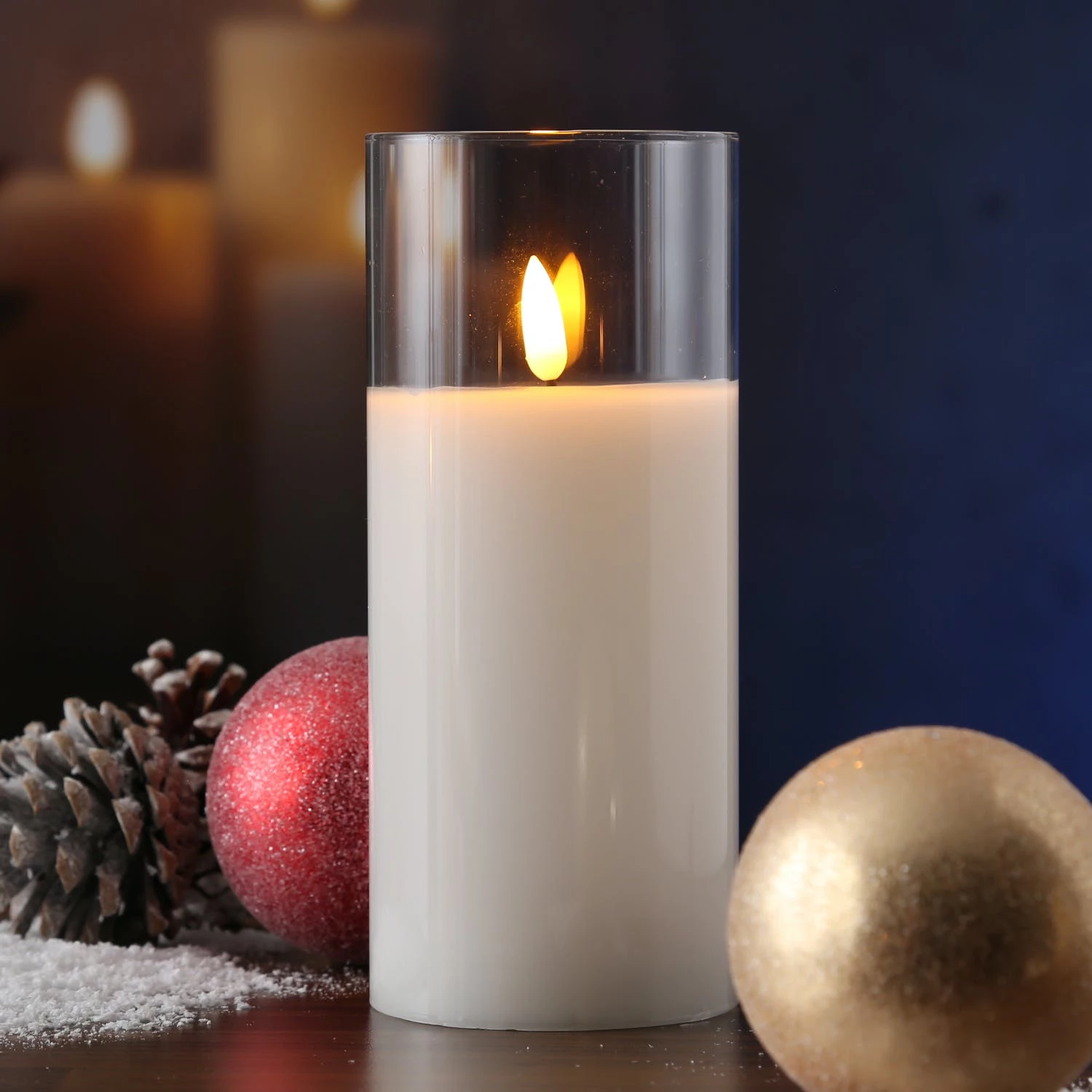 Null LED Kerze Windlicht Im Glas Echtwachs Flackernd Timer H: 17,5cm Rund Weiß – Bild 6