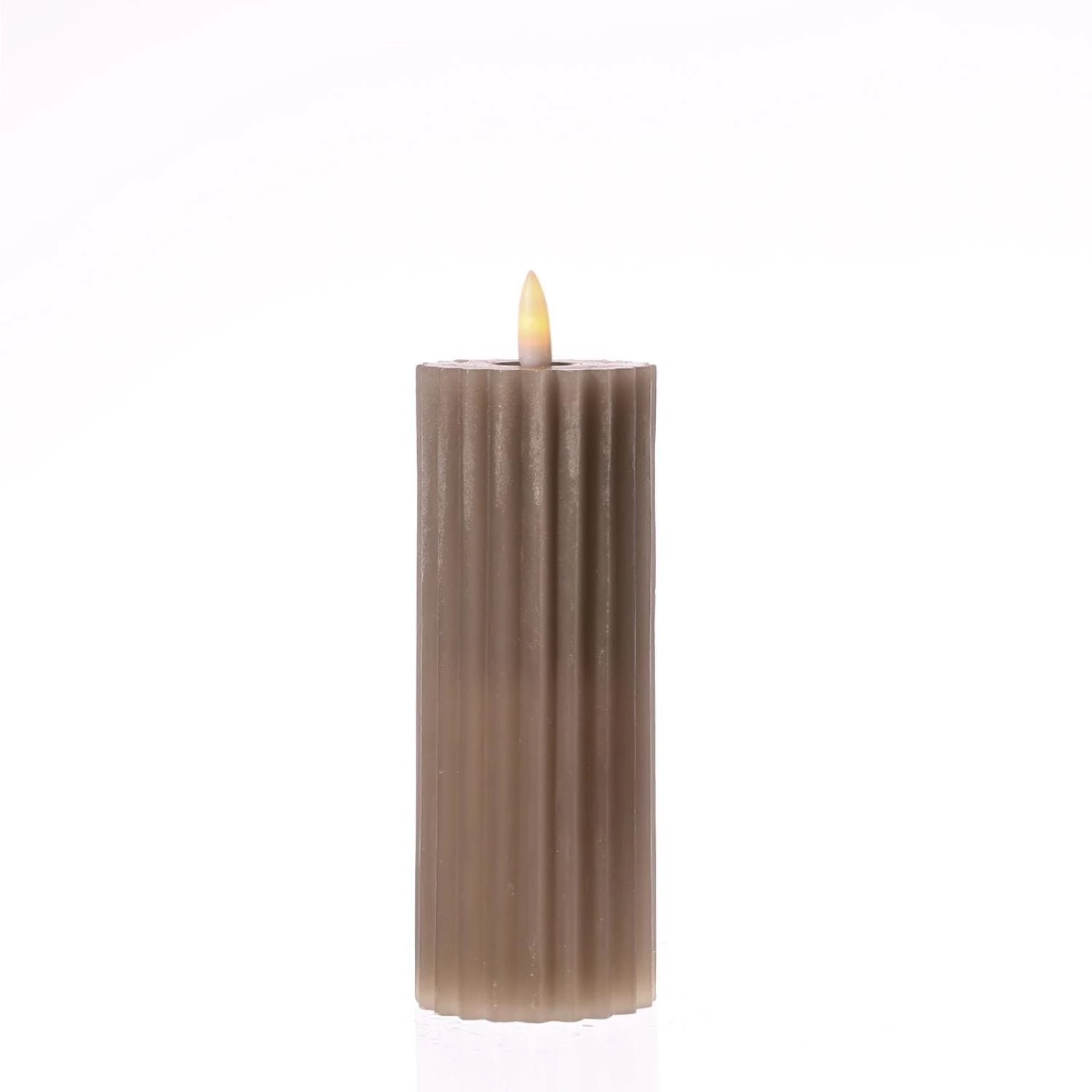 Null LED Kerze Liv Echtwachs Gerillt Geriffelt Flackernde Flamme H:22,5cm Timer Taupe – Bild 5