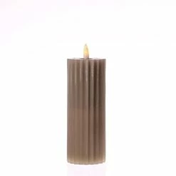 Null LED Kerze Liv Echtwachs Gerillt Geriffelt Flackernde Flamme H:17,5cm Timer Taupe