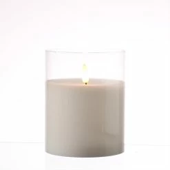 Null LED Kerze Windlicht Im Glas Echtwachs Flackernd Timer H: 12,5cm D: 10cm Weiß