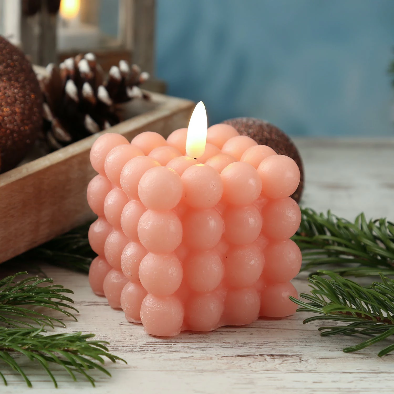 Null LED Kerze Bubble Würfel Cube Kerze Echtwachs 3D Flamme H: 9,5cm Timer Rosa – Bild 3