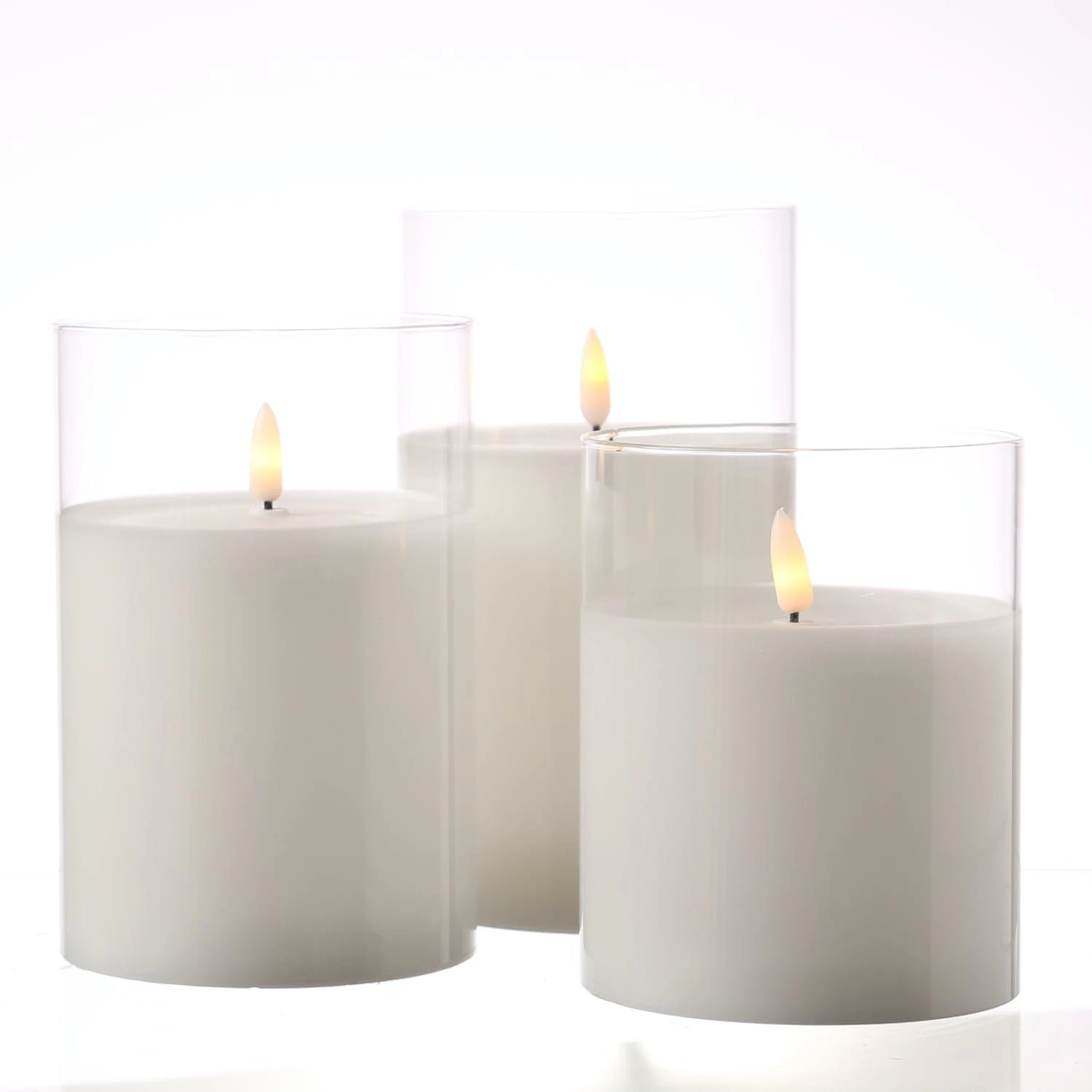 Null LED Kerze Windlicht Im Glas Echtwachs Flackernd Timer H: 15cm D: 10cm Weiß – Bild 7