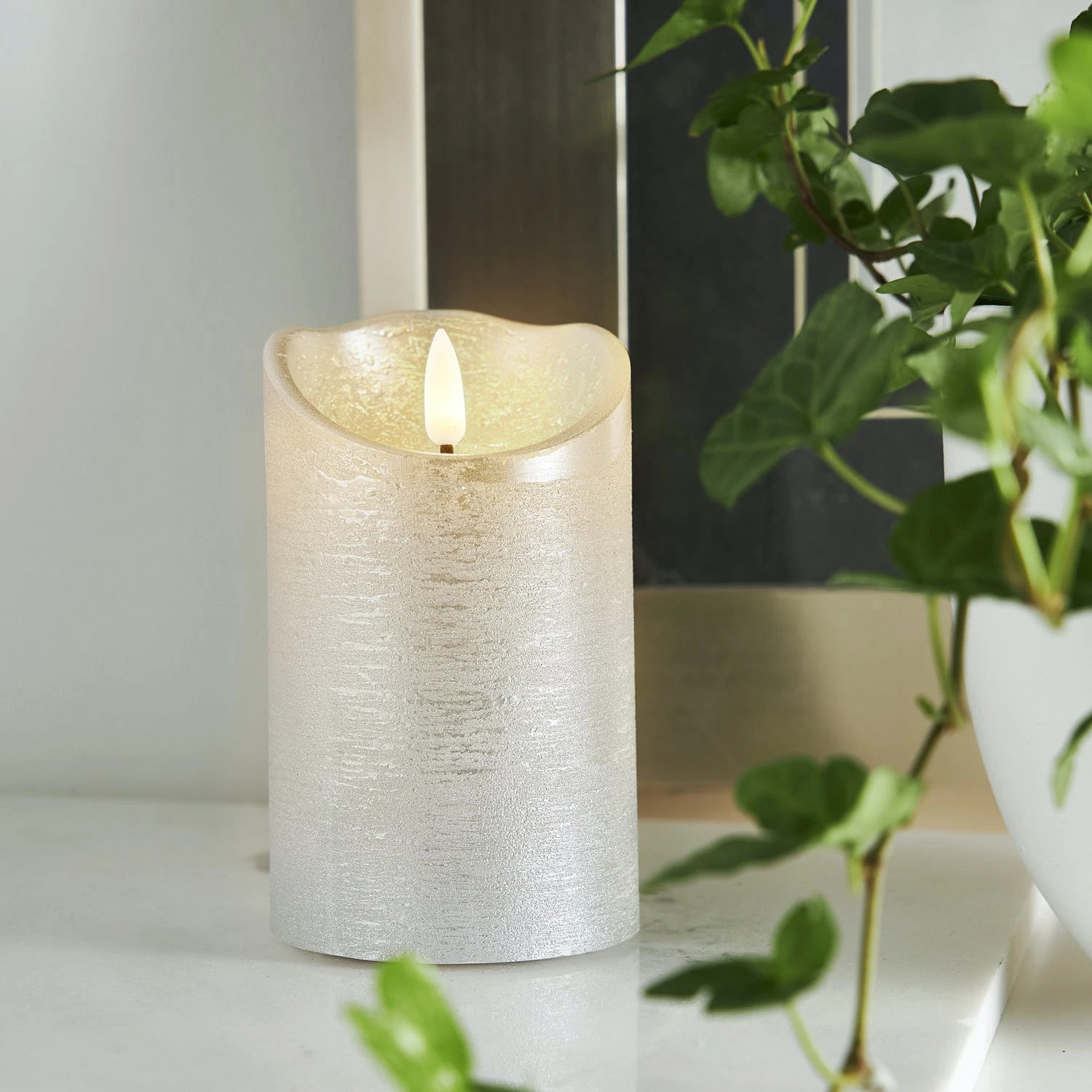 Null LED Kerze Rustik Optik Echtwachs Flackernde Flamme 12,5cm Timer Batterie Silber â Bild 6