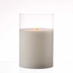 Null LED Kerze Windlicht Im Glas Echtwachs Flackernd Timer H: 15cm D: 10cm Weiß