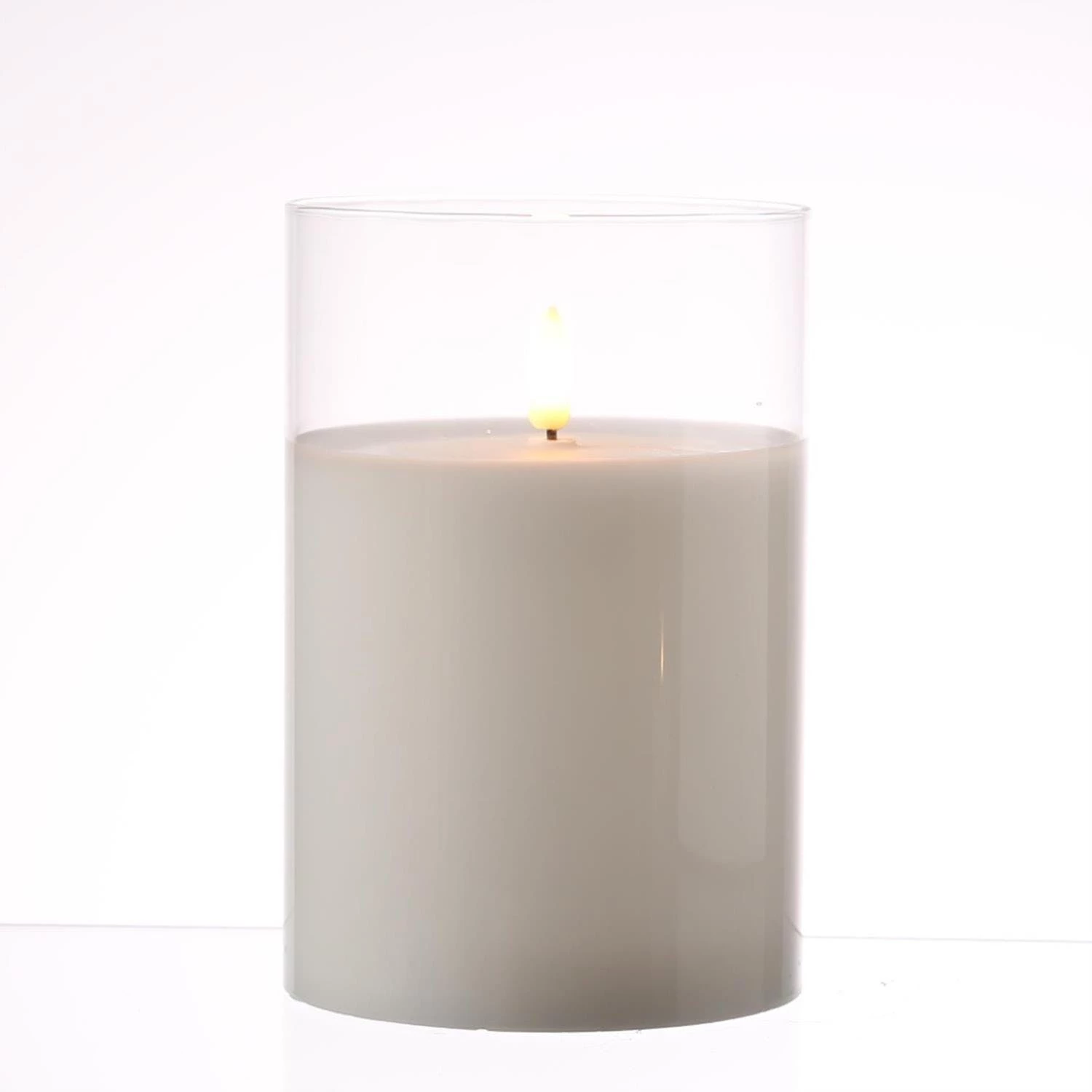 Null LED Kerze Windlicht Im Glas Echtwachs Flackernd Timer H: 15cm D: 10cm Weiß