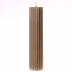 Null LED Kerze Liv Echtwachs Gerillt Geriffelt Flackernde Flamme H:27,5cm Timer Taupe