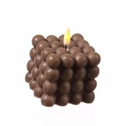 Null LED Kerze Bubble Würfel Cube Kerze Echtwachs 3D Flamme H: 9,5cm Timer Braun