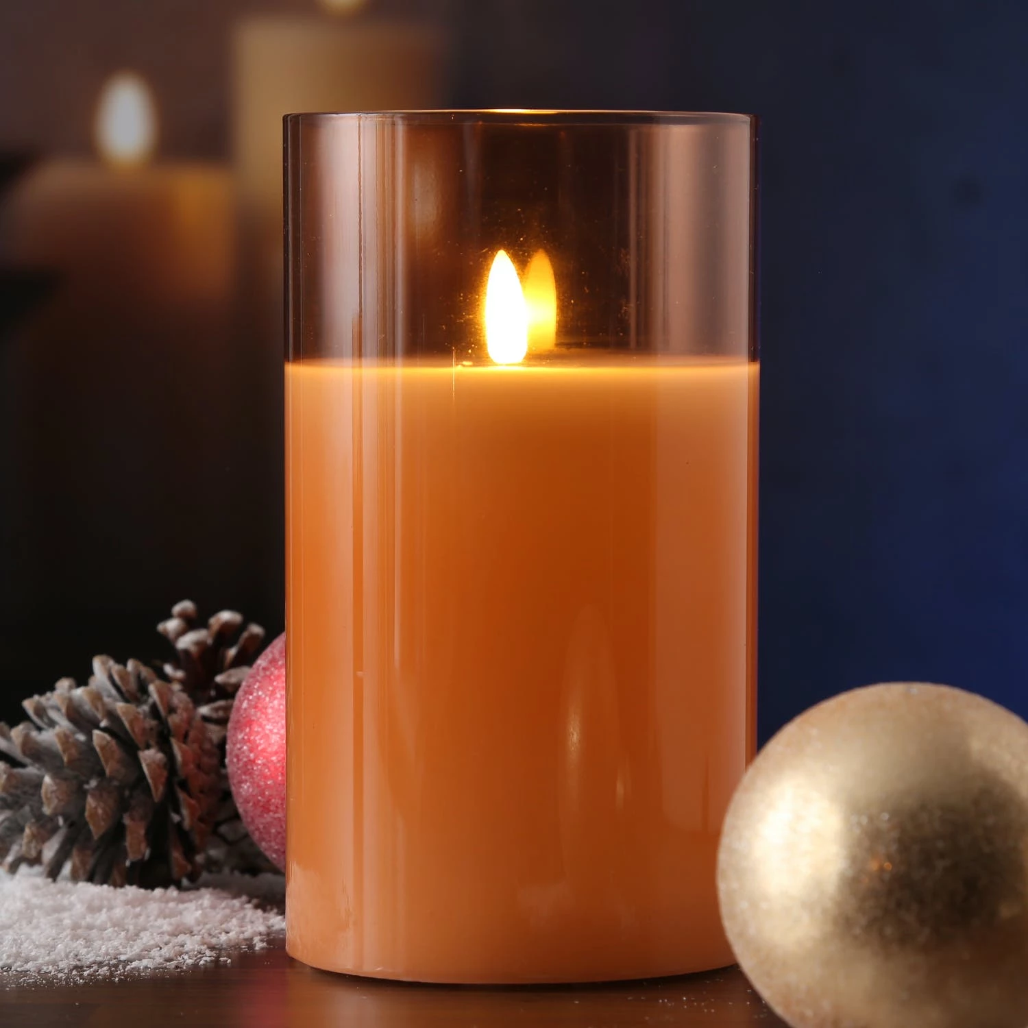 Null LED Kerze Windlicht Im Glas Echtwachs Flackernd Timer H: 17,5cm Rund Orange â Bild 6