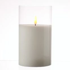 Null LED Kerze Windlicht Im Glas Echtwachs Flackernd Timer H: 17,5cm Rund Weiß