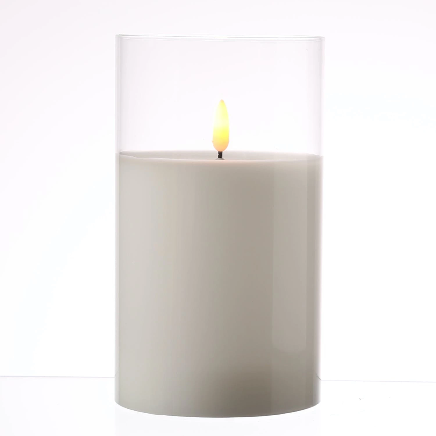 Null LED Kerze Windlicht Im Glas Echtwachs Flackernd Timer H: 17,5cm Rund Weiß – Bild 2