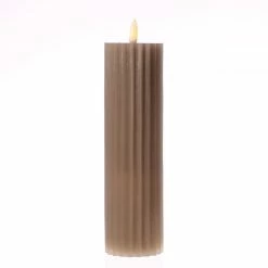 Null LED Kerze Liv Echtwachs Gerillt Geriffelt Flackernde Flamme H:22,5cm Timer Taupe