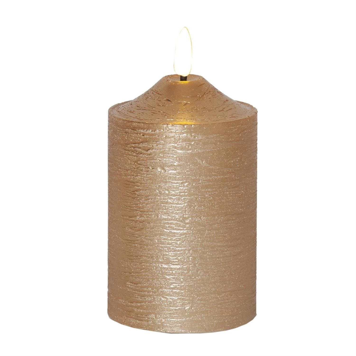 Null LED Kerze Flamme Echtwachs 3D Flamme H: 15cm, D: 7,5cm Batterie Timer Gold