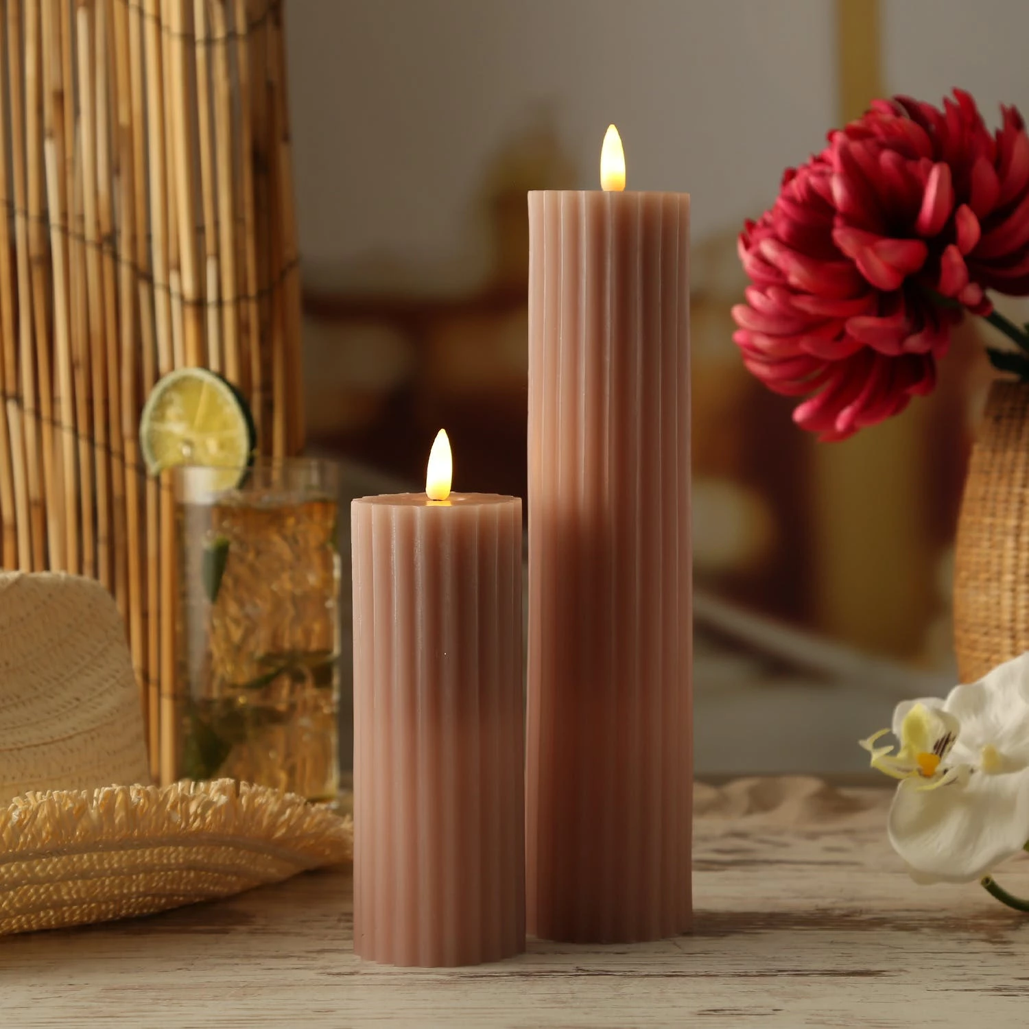 Null LED Kerze Liv Echtwachs Gerillt Geriffelt Flackernde Flamme H: 17,5cm Timer Rosa – Bild 6