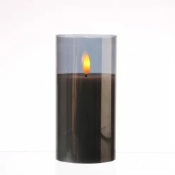 Null LED Kerze Windlicht Glas Echtwachs Flackernd Timer H: 15cm Rund Grau Anthrazit
