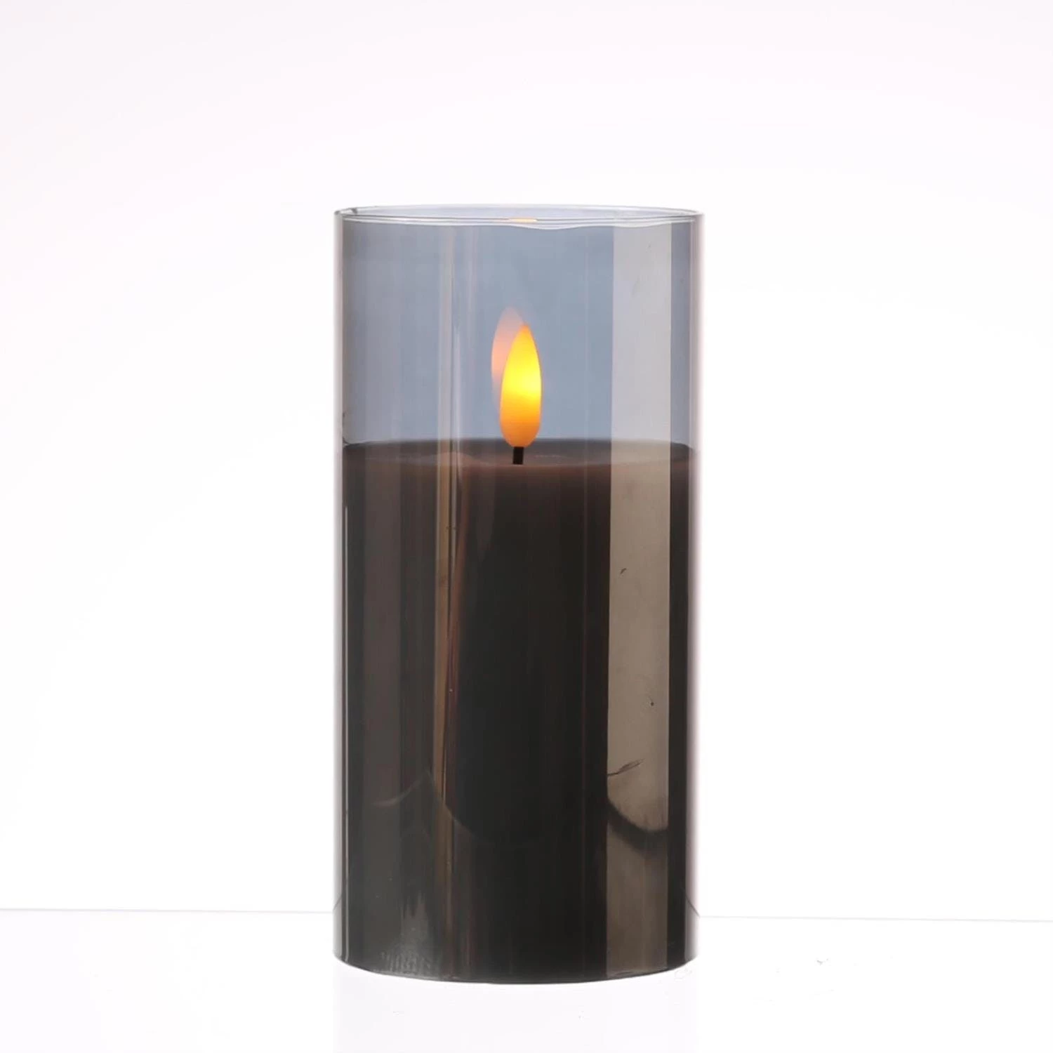 Null LED Kerze Windlicht Glas Echtwachs Flackernd Timer H: 15cm Rund Grau Anthrazit