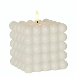 Null LED Kerze Bubble Würfel Cube Kerze Echtwachs 3D Flamme H: 12,5cm Timer Weiß