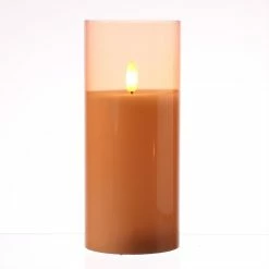 Null LED Kerze Windlicht Im Glas Echtwachs Flackernd Timer H: 17,5cm Rund Orange