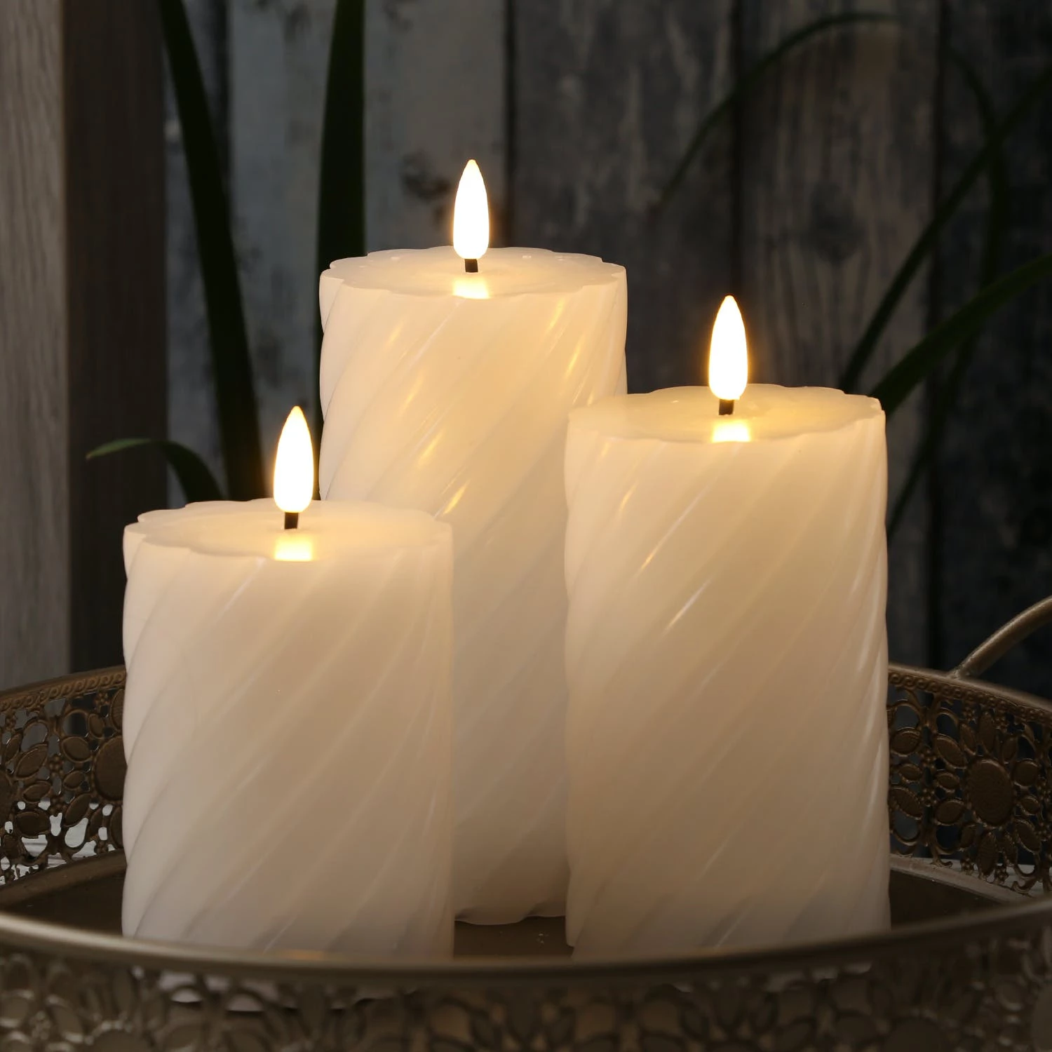 Null LED Kerze Twist Echtwachs Gedrehte Stumpenkerze Flackernd H: 17,5cm Timer Weiß – Bild 3