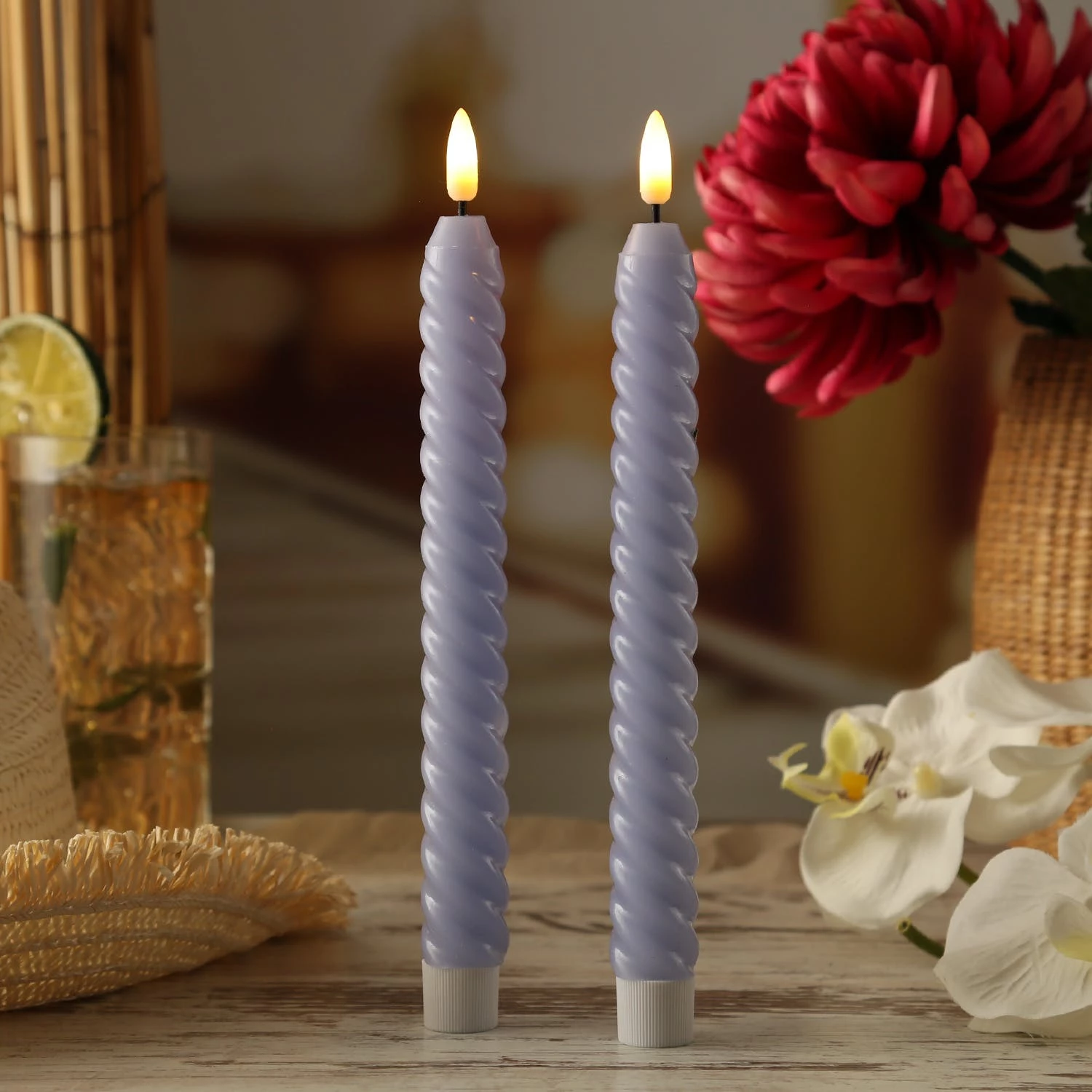 Null LED Stabkerzen Twist Tafelkerzen Gedreht Echtwachs Flackernd 25cm Flieder 2St â Bild 6