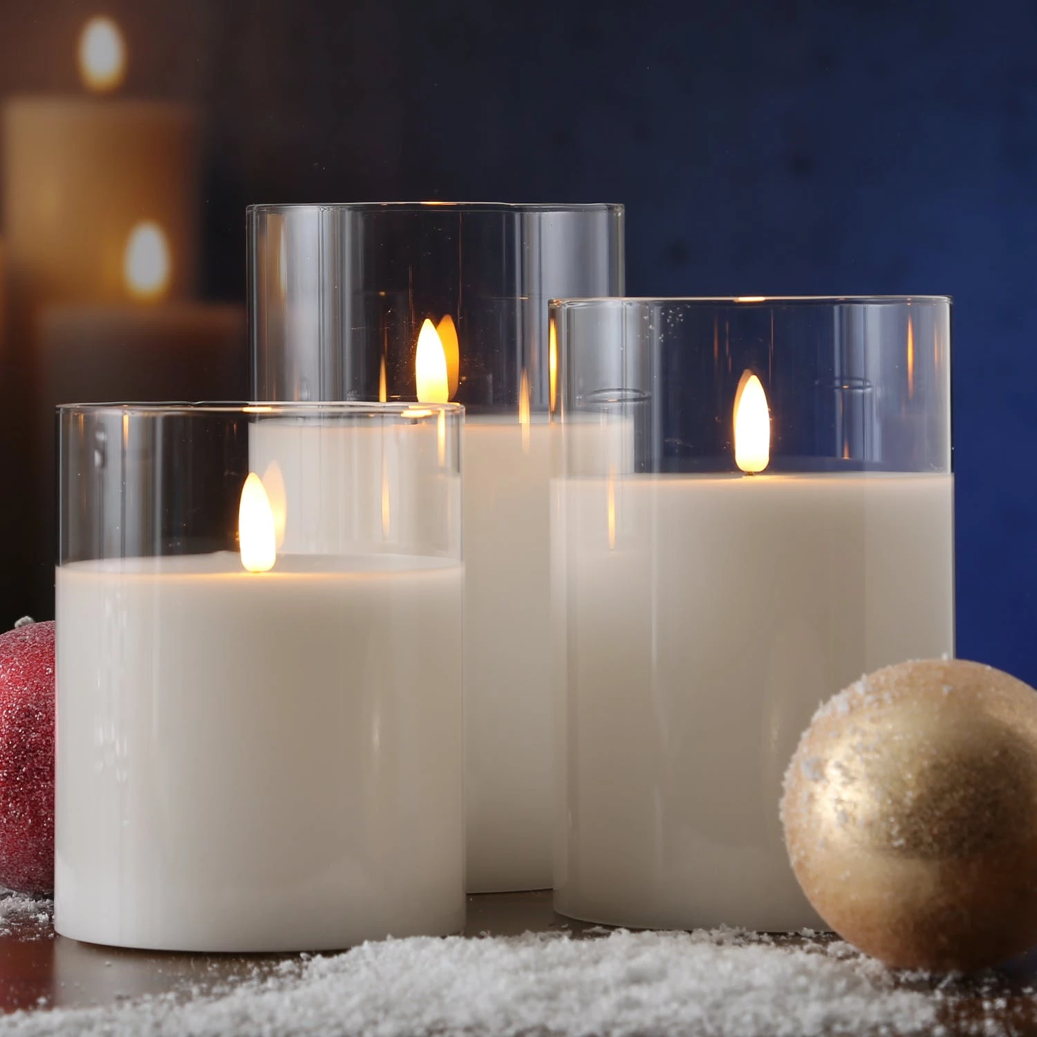 Null LED Kerze Windlicht Im Glas Echtwachs Flackernd Timer H: 15cm D: 10cm Weiß – Bild 6