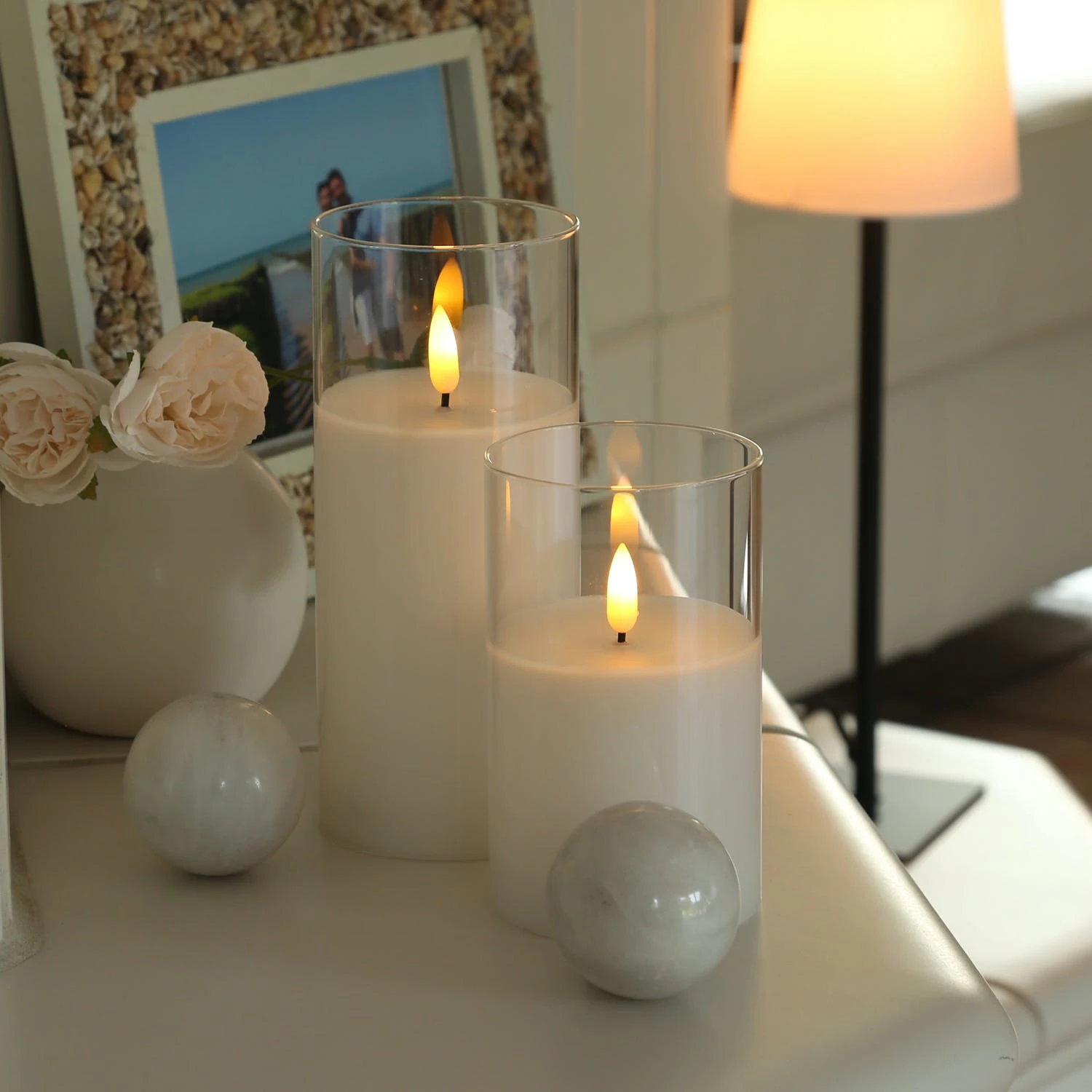 Null LED Kerze Windlicht Im Glas Echtwachs Flackernd Timer H: 17,5cm Rund Weiß – Bild 7