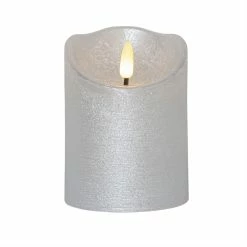 Null LED Kerze Rustik Optik Echtwachs Flackernde Flamme H: 10cm Timer Batterie Silber