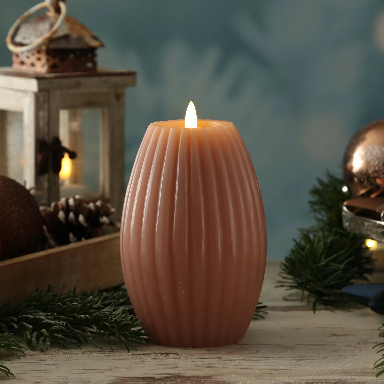 Null LED Kerze Liv Echtwachs Mit Rillen Gerillt Flackernde Flamme H: 17cm Timer Rosa – Bild 6